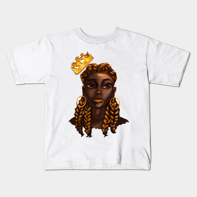 Queen Black is beautiful black woman art with Gold crown, ears and braids, brown eyes and dark brown skin ! Kids T-Shirt by Artonmytee